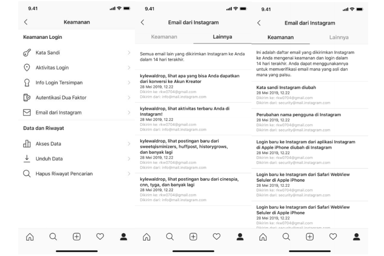 Langkah mengakses fitur Email from Instagram pada aplikasi