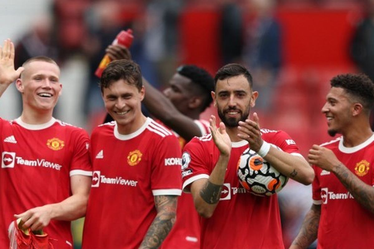 Skuad Manchester United setelah memastikan kemenangan atas Leeds United pada pekan perdana Liga Inggris musim 2021-2022.