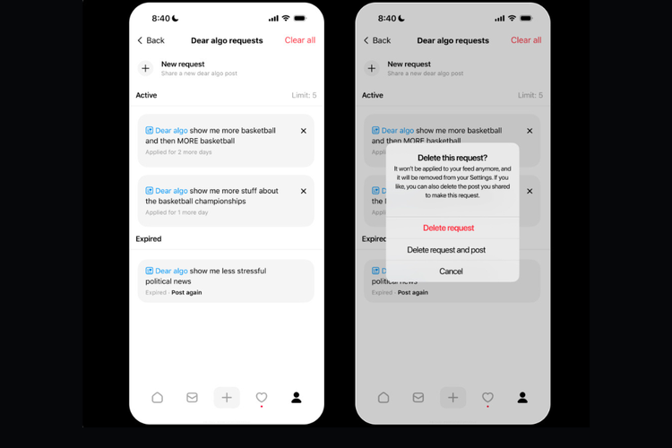 Pengguna Threads dapat membagikan ulang (repost) unggahan Dear Algo milik pengguna lain untuk menerapkan preferensi konten tersebut ke linimasa mereka sendiri.