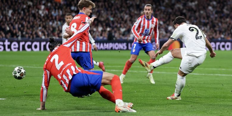 Aksi Brahim Diaz saat membobol gawang Atletico Madrid. Partai Real Madrid vs Atletico Madrid adalah bagian dari laga babak 16 besar Liga Champions pada Rabu (5/3/2025) dini hari WIB.