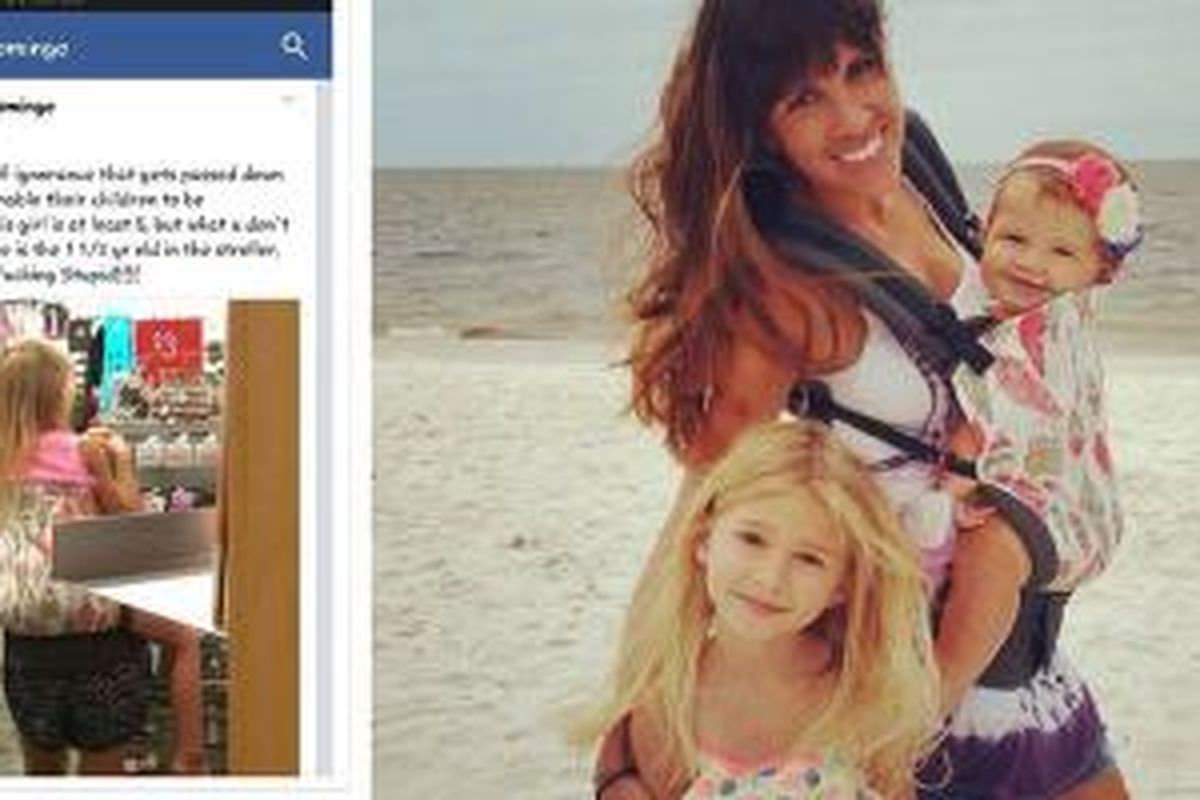 Foto Erica Kalnins yang sedang menggendong anak perempuannya di punggung, secara pihak diunggah oleh pihak toko bernama Icing di Florida, Amerika Serikat. 