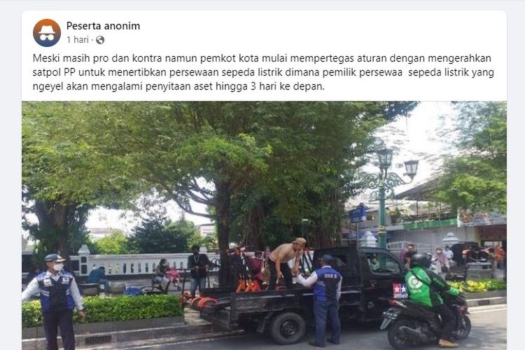 Tangkapan layar unggahan warganet yang menyebutkan Pemkot Yogyakarta melakukan penyitaan sepeda listrik.
