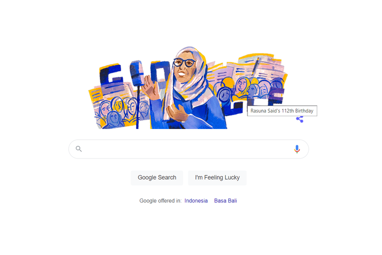 Tangkapan layar Google Doodle yang menampilkan sosok Hajjah Rangkayo Rasuna Said, hari ini, Rabu (14/9/2022).
