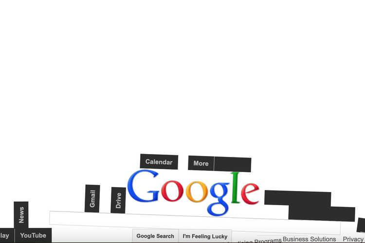 Easter egg Google dengan animasi halaman Google.com yang jatuh berantakan.