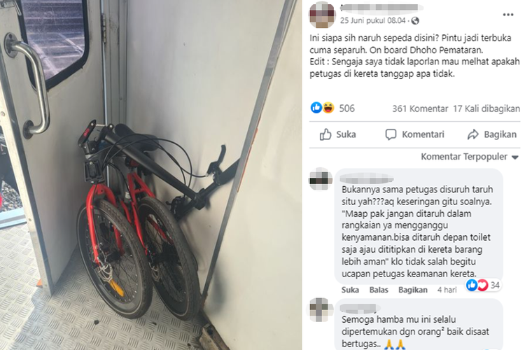 Tangkapan layar unggahan foto yang memperlihatkan sepeda lipat ditempatkan di balik pintu bordes untuk tempat keluar masuk penumpang.