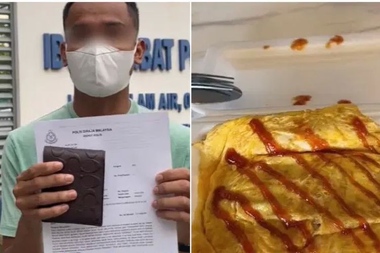 Kolase foto dari video penjual nasi goreng di Malaysia (kiri) melaporkan pembeli ke polisi karena protes harga makanan (kanan) yang dibeli melalui aplikasi pengiriman.