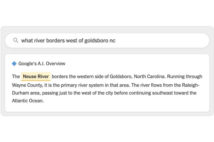 Jawaban ringkasan AI Google saat ditanya sungai yang mengari di tepi barat kota Goldsboro. Ia menjawab Sungai Neuse, padahal Sungai Little. Ringkasan AI Google memakai sumber kredibel, tapi salah membuat kesimpulan.