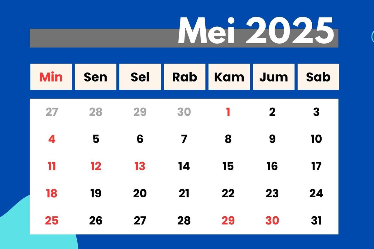 Ilustrasi Kalender Mei 2025. Jelang tanggal merah 12 Mei 2025, ada long weekend yang bisa dimanfaatkan.