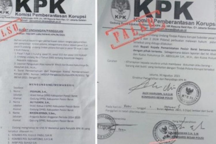 Surat panggilan palsu berkop KPK yang ditujukan kepada anggota DPRD Pesisir Barat.