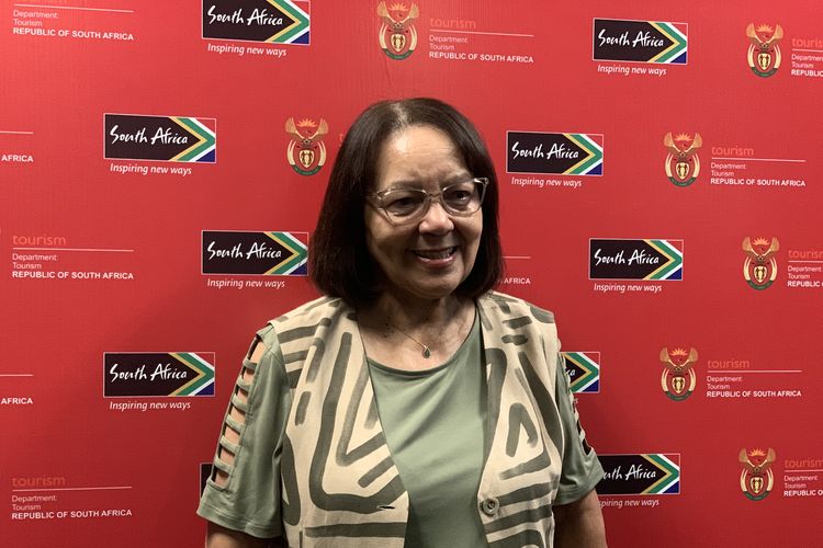 Menteri Pariwisata Afrika Selatan, Patricia de Lille, dalam pertemuannya dengan media di ASTINDO Travel Fair 2026, Jumat (6/2/2026).