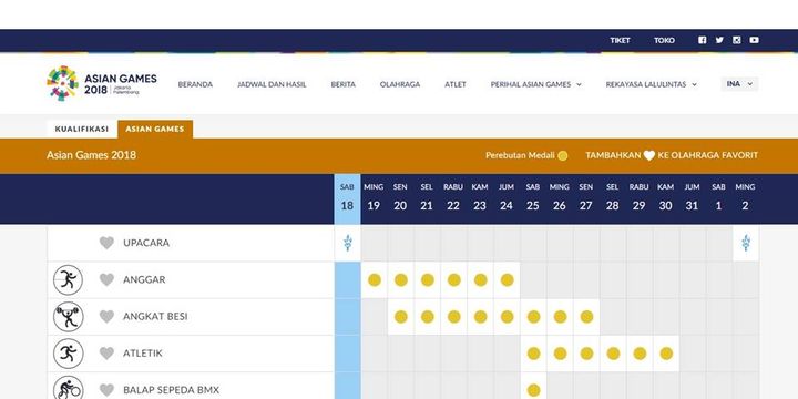 Jadwal pertandingan Asian Games 2018, yang dilansir dari situsweb resmi www.asiangames2018.id