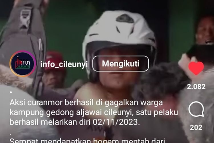 Tangakapan layar, seorang pelaku pencurian motor yang aksinya digagalkan oleh korban (pemilik kendaraan) di Kampung Sekejengkol, Desa Cimekar, Kecamatan Cileunyi, Kabupaten Bandung, Jawa Barat pada Kamis (2/11/2023).