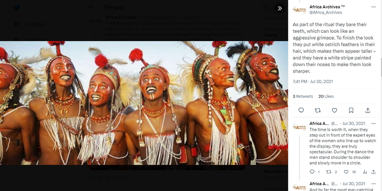 Tangkap layar laki-laki Suku Wodaabe Niger saat melakukan Festival Gerewol (Twitter/@Africa_Archives).