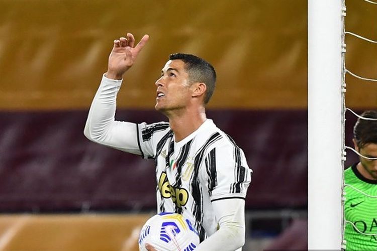 Ekspresi Cristiano Ronaldo setelah membobol gawang AS Roma, Senin (28/9/2020) dini hari WIB, melalui titik penalti.