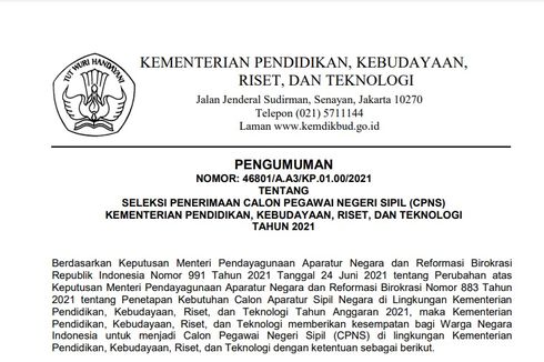 Kemendikbud Ristek Buka 10.447 Formasi CPNS 2021, Cek di Sini