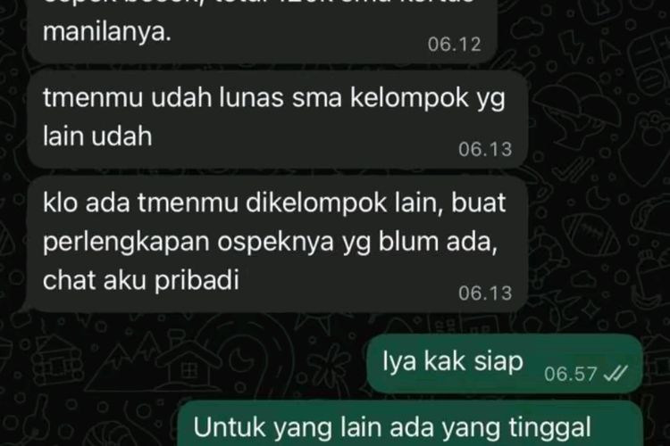 Tangkapan layar percakapan diduga LO PKKMB UTM dengan mahasiswa baru.