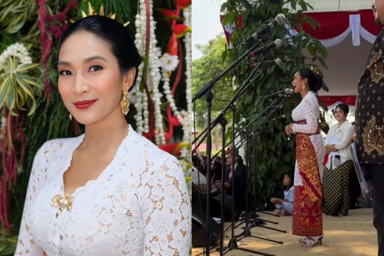 Happy Salma saat menghadiri upacara peringatan Hari Ulang Tahun (HUT) ke-80 Republik Indonesia di Istana Merdeka, Jakarta pada Minggu (17/8/2025).