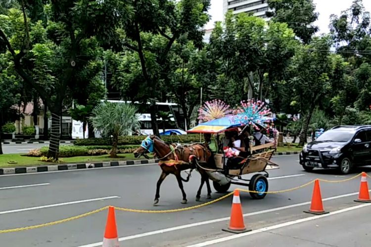 Delman hias membawa pengunjung berkeliling Monas melintas di Jalan Medan Merdeka Selatan, Selasa (26/12/2017).