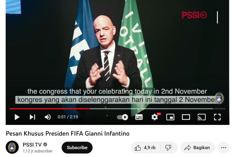 Tangkapan layar video pidato Presiden FIFA di YouTube PSSI