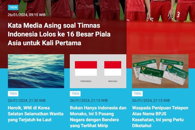 Salah satu populer kanal Tren sepanjang Jumat adalah sorotan media asing tentang kesuksesan Timnas Indonesia lolos ke babak 16 besar Piala Asia.