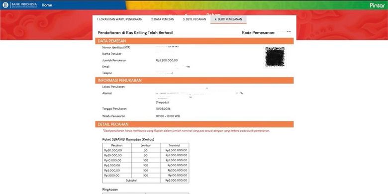 Tangkapan layar bukti pemesanan tukar uang baru 2026 di kas keliling Bank Indonesia (BI). Cara daftar tukar uang baru 2026 di PINTAR BI. Tips war tukar uang baru BI 2026.