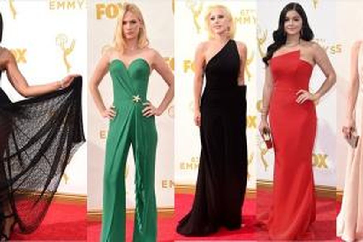 Lima pilihan gaun terbaik yang dikenakan para selebriti pada ajang Emmy Awards 2015 menurut situs etonline: (kiri ke kanan) Taraji P. Henson, January Jones, Lady Gaga, Ariel Winter, dan Emma Roberts.