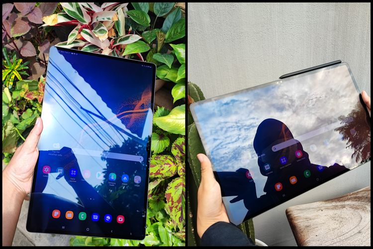 Layar Galaxy Tab S8 Ultra di bawah sinar matahari terik.