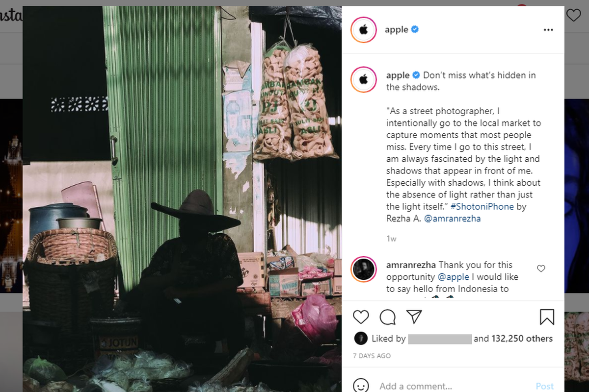 Tangkapan layar akun Instagram Apple yang mengunggah foto karya Rezha Sahhilny Amran, seorang kreator asal Semarang.