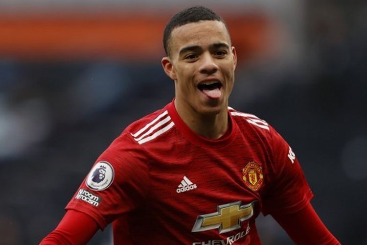 Pemain muda andalan Manchester United, Mason Greenwood, setelah mencetak gol ke gawang Tottenham Hotspur pada laga atletico madrid lanjutan pekan ke-31 Liga Inggris di Stadion Tottenham Hotspur, London, Minggu (11/4/2021) malam WIB.