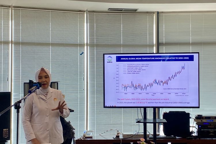 Kepala Badan Meteorologi, Klimatologi, dan Geofisika (BMKG) Dwikorita Karnawati saat memberikan paparan dalam acara sharing session di kantor BMKG, Jakarta, Kamis (11/7/2024). 