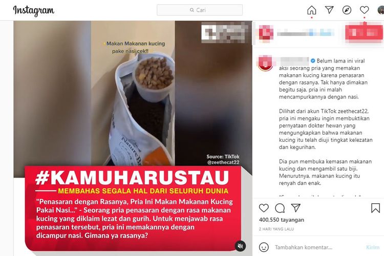 Tangkapan layar dari Instagram perihal seorang pria yang mencicipi makanan kucing 