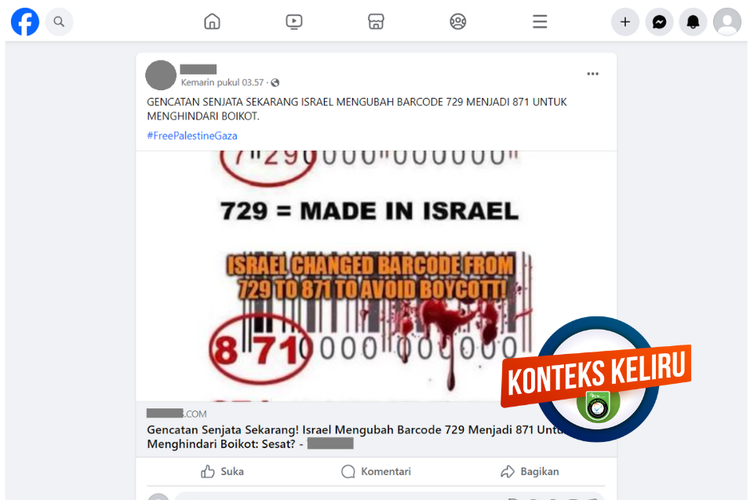 Tangkapan layar unggahan dengan konteks keliru di sebuah akun Facebook, Rabu (1/11/2023), yang menyebut bahwa Israel mengubah kode batang untuk menghindari boikot.