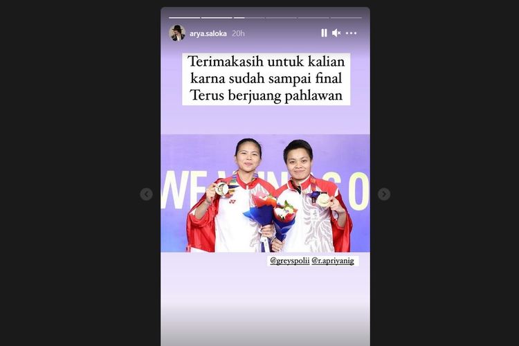 Artis peran Arya Saloka mengucapkan terima kasih kepada pasangan ganda putri Indonesia Greysia Polii dan Apriyani Rahayu yang lolos ke final badminton Olimpiade Tokyo.