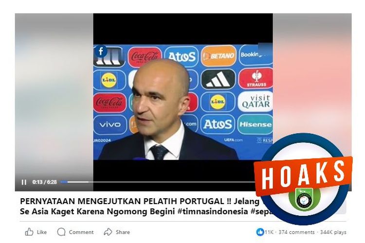 Tangkapan layar Facebook narasi yang menyebut pelatih timnas Portugal mengeluarkan pernyataan mengejutkan menjelang laga melawan Indonesia