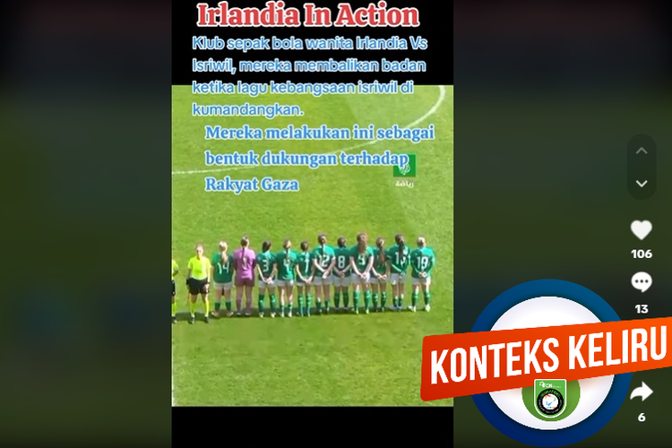 Tangkapan layar TikTok narasi yang menyebut timnas putri Irlandia U-17 membalikkan badan saat lagu kebangsaan Israel dikumandangkan