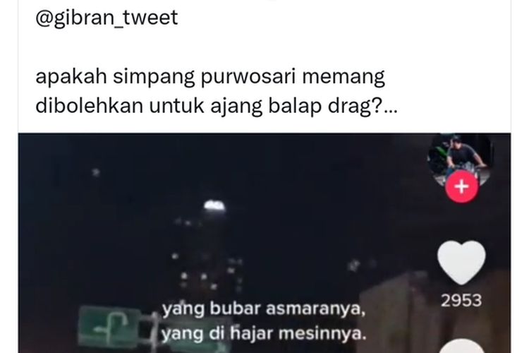 Tangkap layar aksi balap liar mobil terjadi di Kawasan Fly Over Purwosari, Jalan Slamet Riyadi, Kota Solo, Jawa Tengah, viral di media sosial twitter @myname_ap