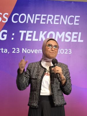 CEO Telkomsel Ventures, Mia Melinda dalam acara TMI Rebranding: Telkomsel Ventures yang digelar si Energy Building, SCBD, Jakarta Selatan, Kamis (23/11/2023).