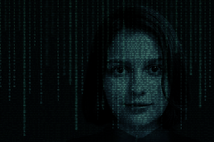 Ilustrasi kecerdasan buatan (AI) berupa profil wajah perempuan dalam kode biner.