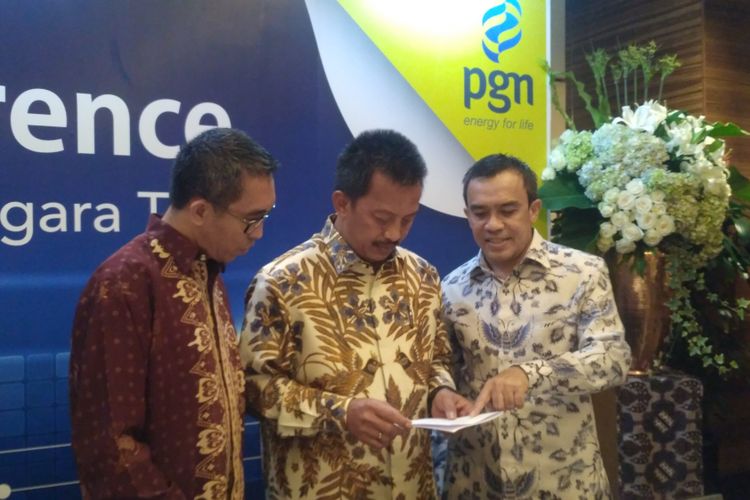 Direksi PT PGN Persero memaparkan soal akuisisi PT Pertagas sebesar 51 persen di Jakarta, Selasa (3/7/2018).