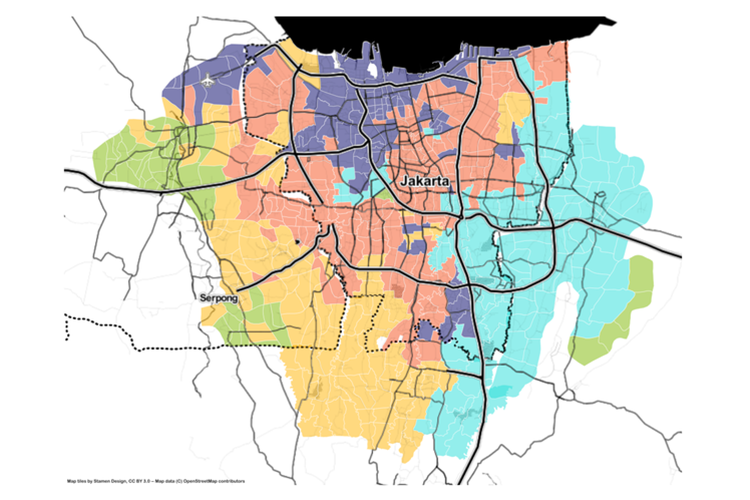 5 klaster dominan kemacetan jalanan Jakarta pada jam sibuk berangkat kerja pukul 07.00-10.00 WIB menuju kawasan Senayan, berdasarkan data yang diambil pada 8-11 November 2022 menggunakan HERE Maps API kemudian diolah memakai metode clustering K-Means.