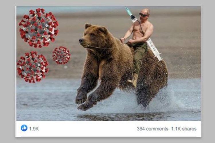 Salah satu meme Putin di media sosial terkait pengumuman pengembangan vaksin Sputnik V.