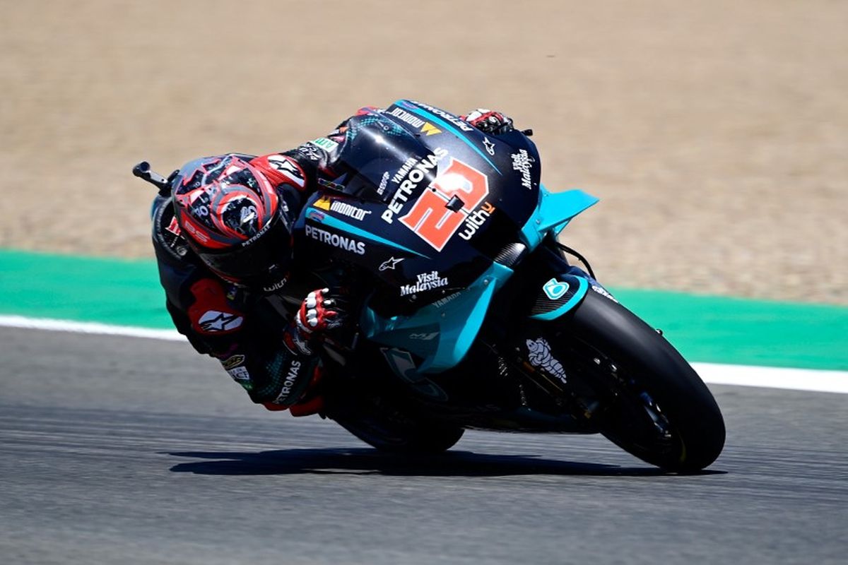 Pebalap Petronas Yamaha SRT, Fabio Quartararo, menjalani balapan MotoGP Spanyol di Sirkuit Jerez, Minggu (19/7/2020).