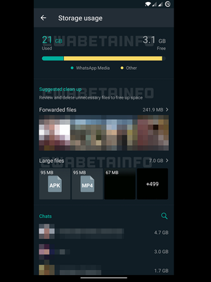 Tangkapan layar fitur Storage Usage baru yang masih dikembangkan WhatsApp untuk bantu pengguna menghapus file.