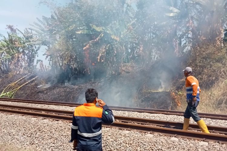 Kebakaran semak belukar di samping jalur hulu KM 302+5 petak jalan Stasiun Prupuk-Linggapura, Tegal, Jawa Tengah, Jumat (11/8/2023).