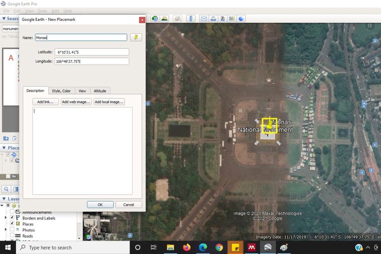 Tampilan placemark pada aplikasi Google Earth