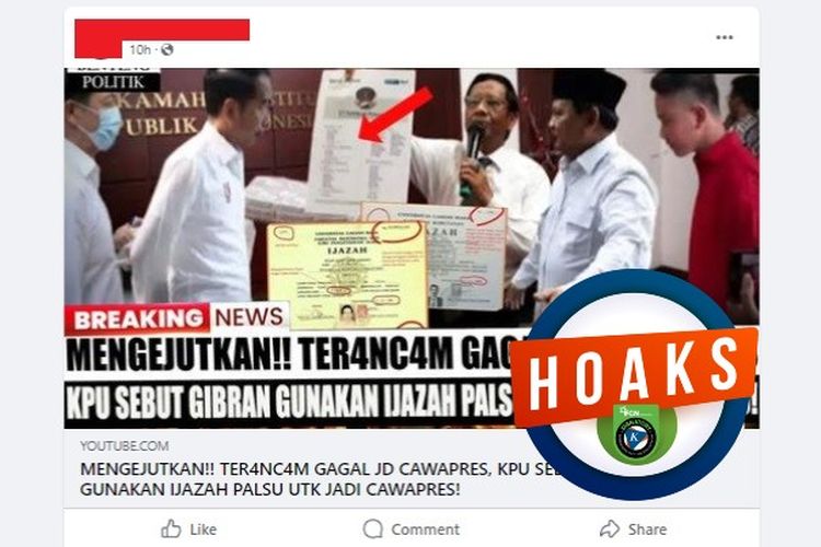 Tangkapan layar Facebook narasi yang mengeklaim KPU menyebut ijazah Gibran yang digunakan mendaftar cawapres palsu