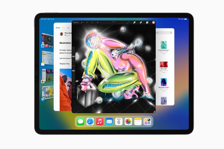 Tampilan fitur Stage Manager di iPadOS 16. Fitur ini memungkinkan pengguna membuka jendela aplikasi yang bisa diatur besar-kecilnya. 