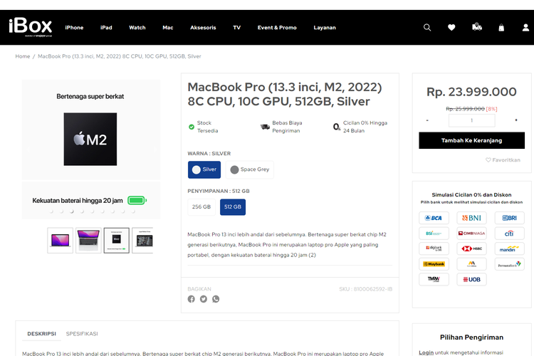 Tangkapal layar harga diskon MacBook Pro M2 2022 di iBox, Jumat (2/12/2022).