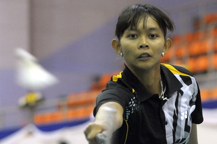 Maria Kristin Yulianti dalam salah satu laganya di Sea Games XXV di Vietman, berhadapatn dengan Lydia Cheah Liy dari Malaysia, pada 13 Desember 2009. 