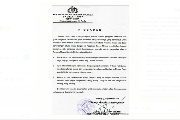 Surat imbauan pendakian ke Gunung Carstensz dari Kepolisan Resor Mimika Papua.